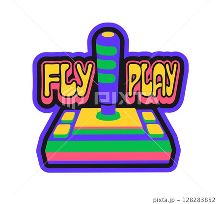 Computer videogame joystick Y2K groovy sticker or print. Digital gadget groovy vector sticker, 1990s electronics device label. PC hardware patch with arcade game gaming controller and typography Computer videogame joystick Y2K groovy sticker or print. Digital gadget groovy vector sticker, 1990s electronics device label. PC hardware patch with arcade game gaming controller and typography 128283852