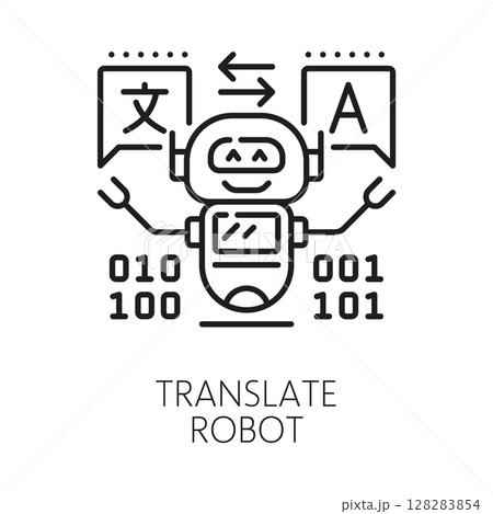 English language translation robot line icon or sign. Language translation lineart vector pictogram, English language dictionary linear icon. Translate symbol with robot or droid cute character 128283854