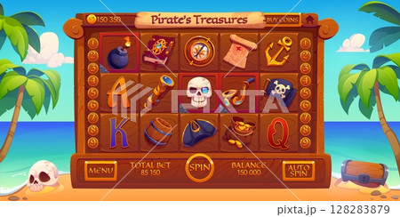 Online casino slot game with pirate elements. Cartoon vector corsair slot machine interface screen with treasure, skull, cannonball, gold, anchor, map, tricorn and compass on tropical beach background Online casino slot game with pirate elements. Cartoon vector corsair slot machine interface screen with treasure, skull, cannonball, gold, anchor, map, tricorn and compass on tropical beach background 128283879