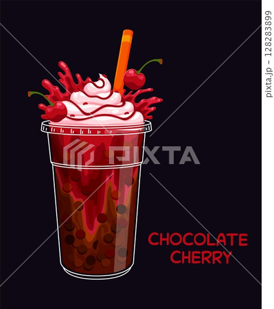 Cartoon chocolate cherry milk bubble tea glass with bright splashes and berries. Vector vibrant red fruit drink, sweet liquid beverage with tapioca boba pearls in transparent plastic cup with a straw 128283899
