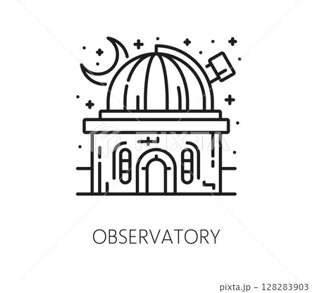 Space observatory building and cosmos line icon. Galaxy outerspace travel thin line vector icon, space research or discovery linear symbol. Cosmos exploration outline pictogram or astronomy sign 128283903