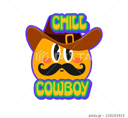 Chill cowboy western and Wild West Y2K groovy sticker. American ranch and rodeo 60s vector label, western country culture groovy tag. Wild West cowboy Y2K sticker with cowboy emoji face and typography Chill cowboy western and Wild West Y2K groovy sticker. American ranch and rodeo 60s vector label, western country culture groovy tag. Wild West cowboy Y2K sticker with cowboy emoji face and typography 128283915