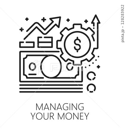 Money managing life skills line icon or pictogram. Human quality lineart vector sign, people life skills icon. Personal money managing ability pictogram with money stack and wealth growth graph Money managing life skills line icon or pictogram. Human quality lineart vector sign, people life skills icon. Personal money managing ability pictogram with money stack and wealth growth graph 128283922