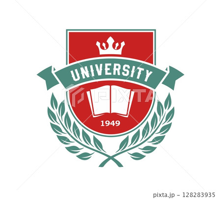 State university icon, classic emblem, school crest with an open book, laurel wreath, crown, and established date, symbolizing academic excellence, education, tradition and institutional prestige 128283935