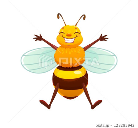 Cartoon cheerful honey bee character smiling with open arms. Vector bumblebee beekeeping and apiary mascot flying with joy. Cute happy sweet bee insect personage with striped body and blue wings 128283942