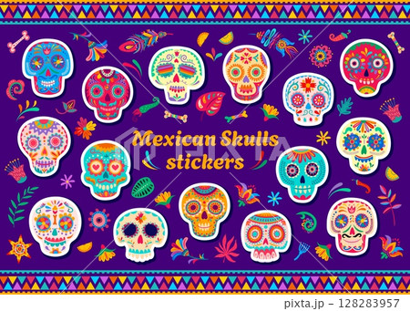 Day of the dead Mexican calavera skulls stickers pack. Mexican Dia de los Muertos holiday, Day of Dead celebration calavera sugar skulls with colorful floral ornaments vector stickers or patches set 128283957
