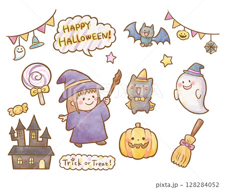 かわいいハロウィンの水彩風イラストセット（魔女・おばけ・かぼちゃ