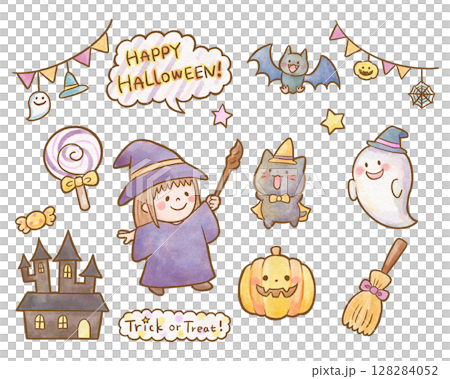 かわいいハロウィンの水彩風イラストセット（魔女・おばけ・かぼちゃ・お菓子など） 128284052