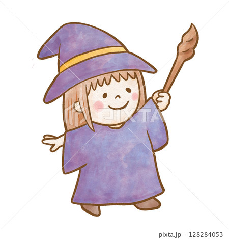 ハロウィンの仮装をした女の子の水彩風キャラクターイラスト|茶色の線で描かれた魔女の女の子 ハロウィンの仮装をした女の子の水彩風キャラクターイラスト|茶色の線で描かれた魔女の女の子 128284053