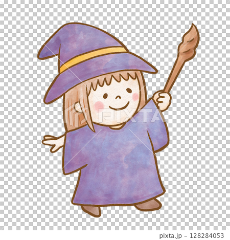 ハロウィンの仮装をした女の子の水彩風キャラクターイラスト|茶色の線で描かれた魔女の女の子 ハロウィンの仮装をした女の子の水彩風キャラクターイラスト|茶色の線で描かれた魔女の女の子 128284053