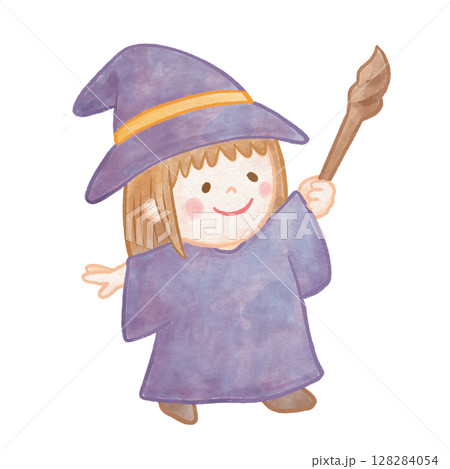 ハロウィンの仮装をした女の子の水彩風キャラクターイラスト｜淡い線で描かれた優しいタッチの魔女の女の子 128284054