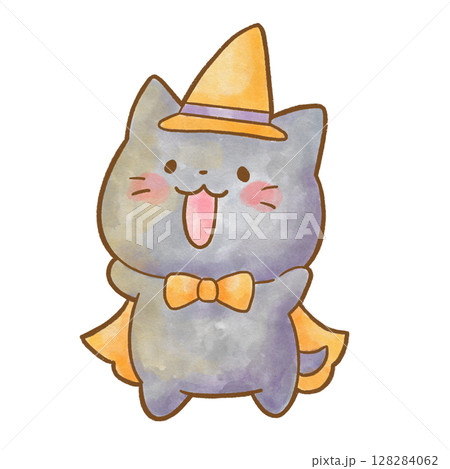 ハロウィンの仮装をしたかわいい黒猫の水彩風イラスト|茶色の線で描かれた魔法使い猫 ハロウィンの仮装をしたかわいい黒猫の水彩風イラスト|茶色の線で描かれた魔法使い猫 128284062