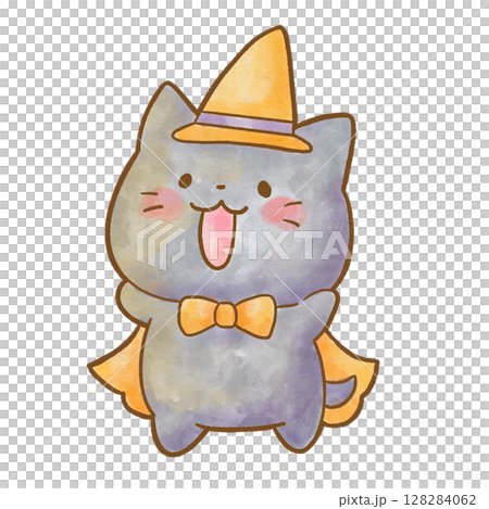 ハロウィンの仮装をしたかわいい黒猫の水彩風イラスト|茶色の線で描かれた魔法使い猫 ハロウィンの仮装をしたかわいい黒猫の水彩風イラスト|茶色の線で描かれた魔法使い猫 128284062