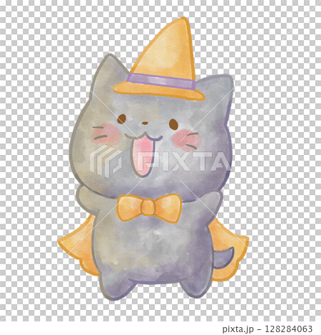 ハロウィンの仮装をしたかわいい黒猫の水彩風イラスト｜淡い線で描かれたやさしいタッチ 128284063