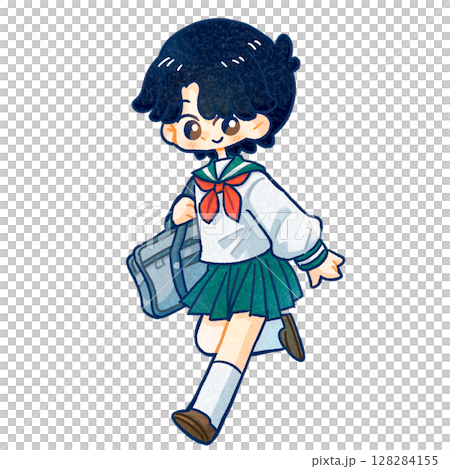 Hand-drawn illustration of a black-haired girl wearing a sailor suit Hand-drawn illustration of a black-haired girl wearing a sailor suit 128284155