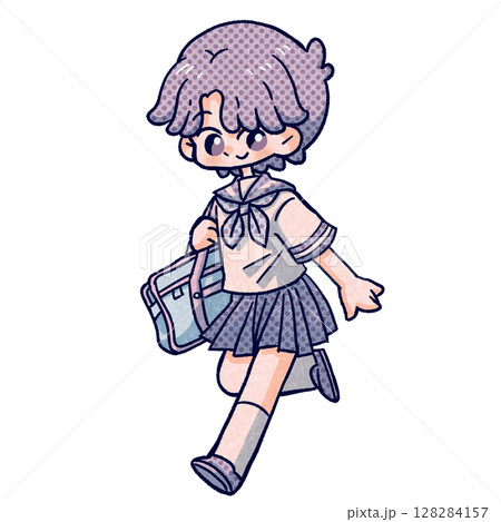 半袖の学生服の女の子単色手描きイラスト 半袖の学生服の女の子単色手描きイラスト 128284157