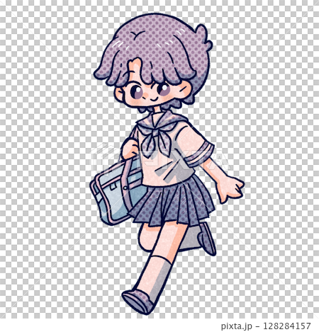 半袖の学生服の女の子単色手描きイラスト 半袖の学生服の女の子単色手描きイラスト 128284157