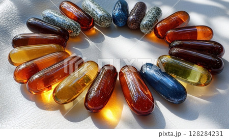 colorful display features vitamins and supplements spilling from tilted glass bottle, creating eye catching arrangement on white surface 128284231