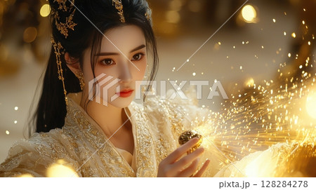 in serene studio setting, clotho, youngest fate, skillfully spins life’s golden thread from mystical spindle, her draped robes shimmering softly 128284278