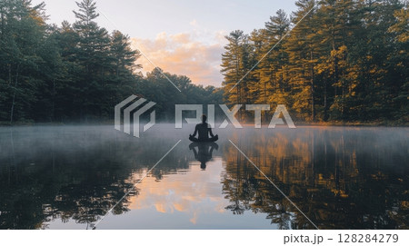 man sits cross legged, levitating just above still water of lake sunrise His calm expression captures moment of enlightenment amidst peaceful landscape man sits cross legged, levitating just above still water of lake sunrise His calm expression captures moment of enlightenment amidst peaceful landscape 128284279