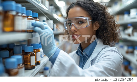 in sterile pharmacy lab, skilled pharmacist wearing gloves and goggles measures liquid medicine carefully while surrounded shelves of medication and supplies 128284294