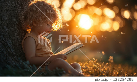 In serene landscape sunset, child leans against majestic oak tree, writing imaginative ideas in notebook, surrounded sounds of birds chirping and nature 128284299