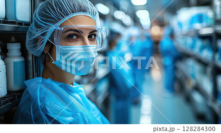 in pharmaceutical lab environment, professional pharmacist wears sterile gloves and goggles while carefully measuring liquid medicine for patient prescriptions amidst busy setting 128284300
