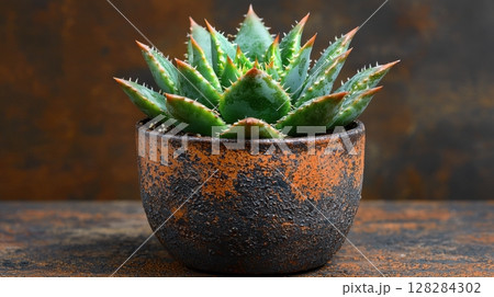 small cactus seedling fresh green skin and sharp spines rests in rustic decorative pot composition reflects desert inspired aesthetic, enhancing indoor decor nature 128284302