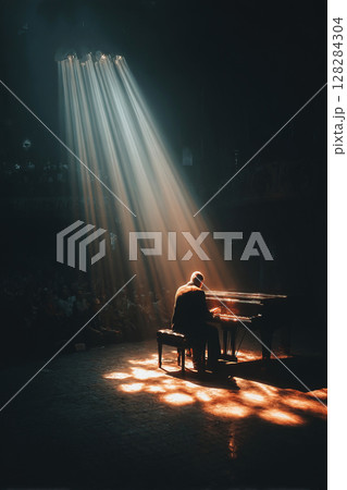 Pianist delivers captivating performance under stage spotlight during concert Pianist delivers captivating performance under stage spotlight during concert 128284304