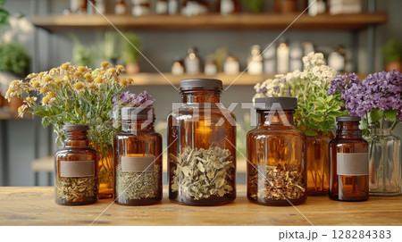 pharmacy setting showcases welcoming space filled neatly arranged glass jars of dried herbs and amber bottles of tinctures, promoting natural wellness and earthy beauty 128284383