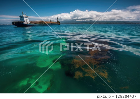 Tanker in accident pollutes nature with oil spill, ecological disaster, leaking ship holes, aerial view from drone. 128284437