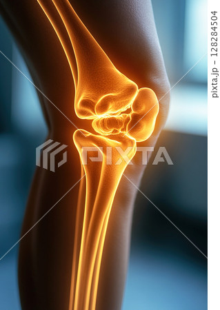 Knee joints illuminated in the human body show the pain and bone structure in a neon view 128284504