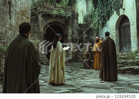 Judges in cloaks confront a young woman accused of witchcraft in Middle Ages setting 128284520