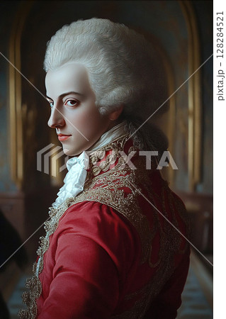 Portrait of Wolfgang Amadeus Mozart in a historical setting with elaborate attire 128284521