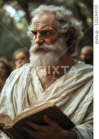 Homer passionately reading the Iliad to a captivated audience in a modern film setting 128284535