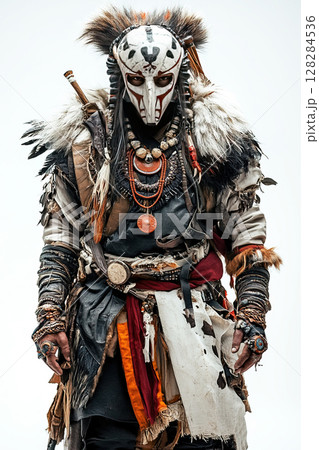 Indian warrior in traditional armor with intricate accessories against a white background 128284536