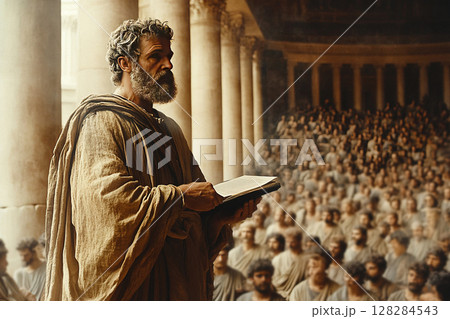 Philosopher lectures students in ancient Roman hall filled with eager listeners 128284543