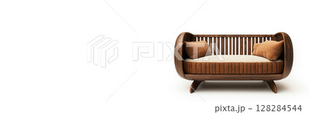 Modern wooden baby crib designed for comfort and style on a simple white background. Header banner mockup with copy space. 128284544