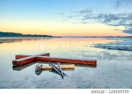 Laid Down Cross With Hammer & Nails Morning Reflection Laid Down Cross With Hammer & Nails Morning Reflection 128284559