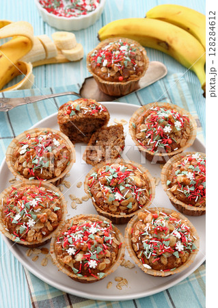 banana bread oat muffins with christmas sprinkles 128284612