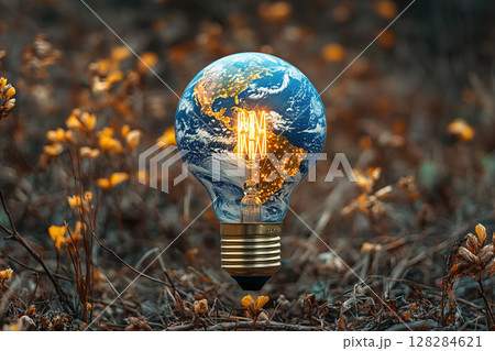 Light bulb shaped like planet Earth symbolizes ecology in natural setting 128284621