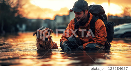 Rescuer man helps scared dog during city flood at sunset. Header banner mockup with copy space. 128284627