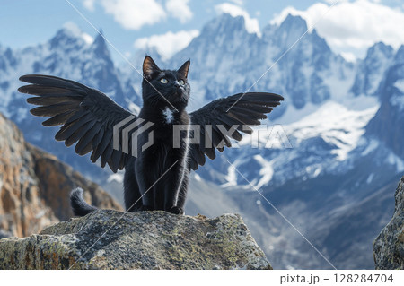 Black cat with wings perched on a rock overlooking majestic snow capped mountains 128284704