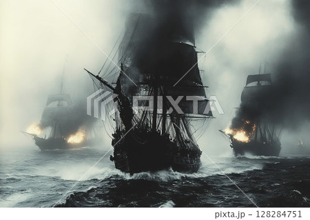 Pirate ship battles Spanish merchant galleon in intense sea clash under stormy skies 128284751