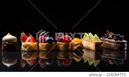 Delightful selection of various restaurant desserts displayed on a black background. Header banner mockup with copy space. 128284753