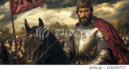 King Charles V of Spain leading troops during the Battle of Muhlberg in a historical portrait. Header banner mockup with copy space. 128284757