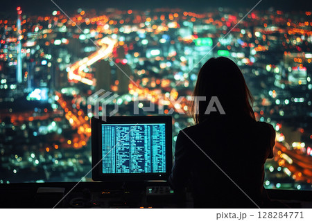 Operator dispatcher consultant monitors city communications from high rise office at night 128284771
