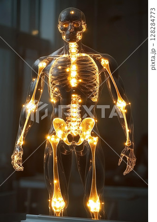 Illuminated human joints highlighting pain in bones with neon effect 128284773