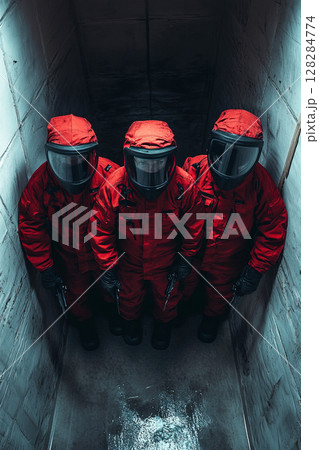 Cheerful paintball team enjoying indoor activity with smiles and clean gear from above 128284774