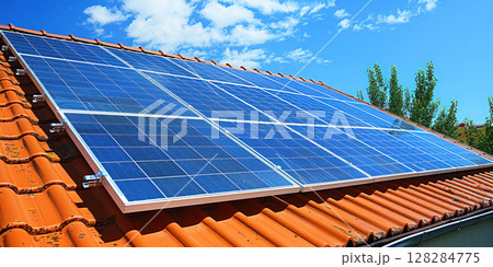 Solar panel on the roof of a private house, renewable alternative technology green energy. 128284775